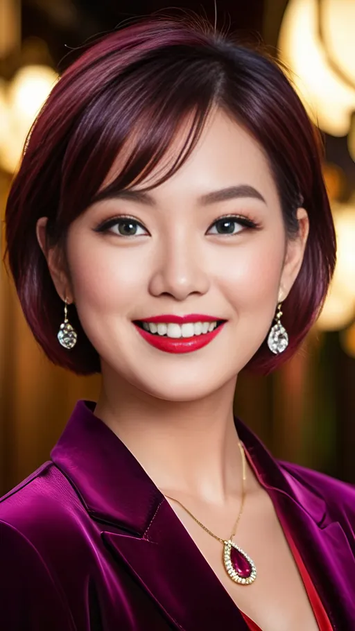 Prompt: Beautiful ivory-skin Japanese woman, flawless rosy complexion, age 25, ((vibrant green eyes)), metallic purple short bob hair, almond shaped eyes, upswept eyebrows, elongated diamond face, upturned nose, prominent cheekbones, plum glossy lipstick, big smile, ruby pendant, ruby earrings, red velvet jacket, low-cut white blouse, 8k, professional photo, bosomy physique, elegant, detailed eyes, luxurious, high fashion, portrait, vibrant colors, romantic lighting, green eyes, large dimples