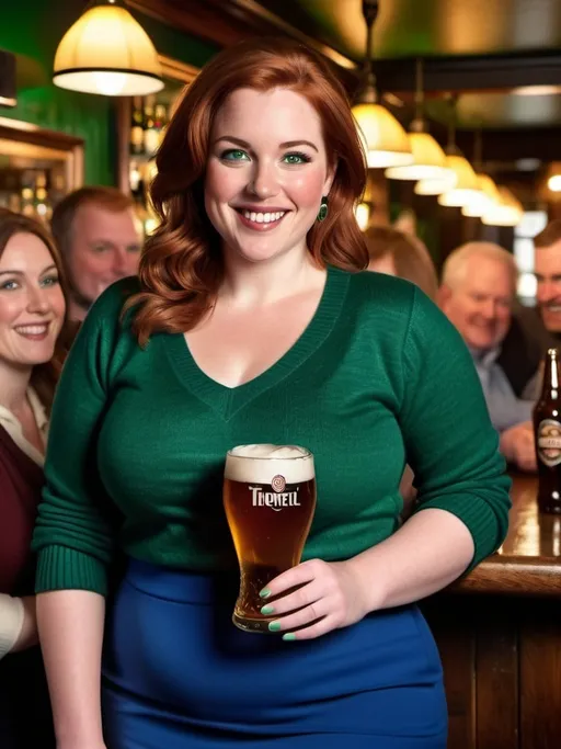 Prompt: Overweight Beautiful professional British woman, age 35, intricate rectangle face, ((petite upturned nose)), rosy complexion, auburn hair, green eyes, genuine smile, green sweater, blue pencil skirt, high heels, in British pub enjoying a pint, crowded pub scene, 8k photo, realistic, detailed, warm lighting, professional attire, natural bosomy physique, curvy full-figure, detailed plump body, excess weight