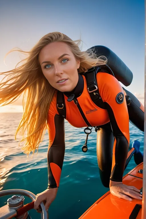 Prompt: athletic woman in orange wetsuit and SCUBA gear climbing into a boat, ocean reef backdrop, golden hour lighting, flawless diamond face, long wet blonde hair, vibrant blue eyes, curvaceous figure, scuba diving gear, sharp focus, high-res, pro photo, oceanic backdrop, vibrant colors, detailed features, adventure photography, fluid motion, dynamic pose, 