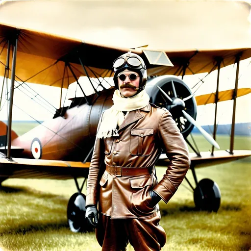 Prompt: Officer in leather flying suit and leather helmet with goggles and long white silk scarf, standing proudly in front of an antique and brightly colored World War 1 airplane, 1918 era photograph, captured with soft focus and muted colors typical of early film photography