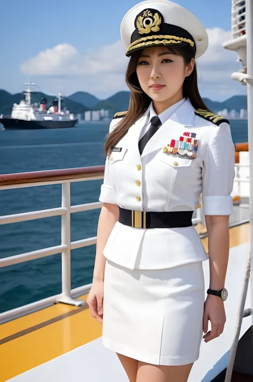 Prompt: Female Japanese Naval Officer, age 35, white naval uniform with pencil skirt, black shoes, beautiful square face, shoulder-length hair, curvaceous figure, rank insignia, decorations, white cap with gold braid, standing on the deck of a ship, Tokyo Bay, high-res photo, professional, detailed, realistic, naval officer, Tokyo, naval uniform, shoulder-length hair, rank insignia, pencile skirt, black shoes, white cap, curvaceous figure, Tokyo Bay, highres, detailed, realistic, professional