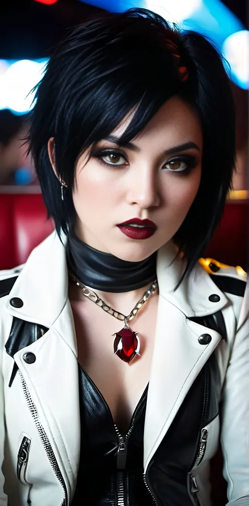 Prompt: Beautiful Japanese vampire, pale white skin, short spiky red|black hair, vibrant yellow eyes, intricate angular face, prominent cheekbones, intense gaze, opulent, white leather jacket, no blouse, white leather slacks & boots, ((necklace with spider shaped ruby pendant)), red lipstick, sitting on the edge of the stage in a busy crowded nightclub, 8K photo, highres, detailed, gothic, vampiric, intense eyes, sleek design, professional, dramatic lighting