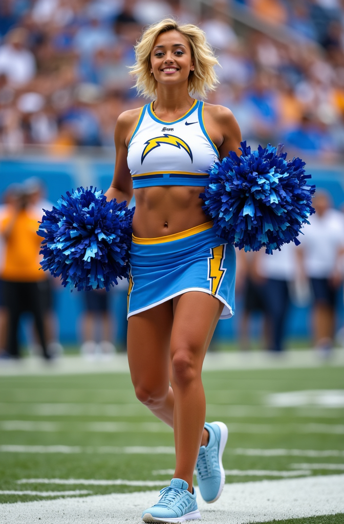 Prompt: Beautiful athletic curvy Los Angeles Chargers cheerleader, uniform, pom poms, light blue sneakers, chic short blonde hair, blue eyes, dynamic motion, stadium sideline, cheering fans in background, high detail & quality, well lit, 8k, pro photo.