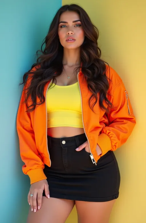 Prompt: (80s brunette woman), Patrick Nagel style, sparkling blue eyes, long wavy hair, angular face, orange bomber jacket, yellow tee, black miniskirt, curvy figure, pastel backdrop, bright light, cheerful ambiance, high detail & quality, (8K), (ultra-realistic), (professional photography), vibrant colors, cinematic depth, stylish pose, joyful expression, fashion-forward, luminous highlights, soft shadows, modern aesthetic.