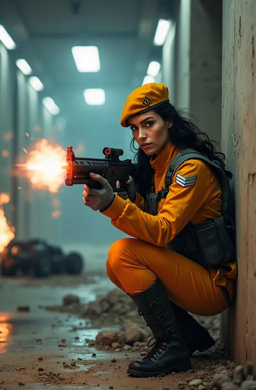 Prompt: 8K photo, cinematic, sci-fi, military, beautiful female officer, age 35, flowing dark hair, blue eyes, orange yellow gray uniform, Yellow beret, (silver chevrons rank insignia on her sleeves), leading a squad of soldiers & firing her plasma rifle (emitting a pulse of red energy), crouches behind a concrete pylon in a shattered corridor, smoke, debris, flames, broken ceiling lights, disabled robot soldiers lie smoking on the ground, high detail, fill light.