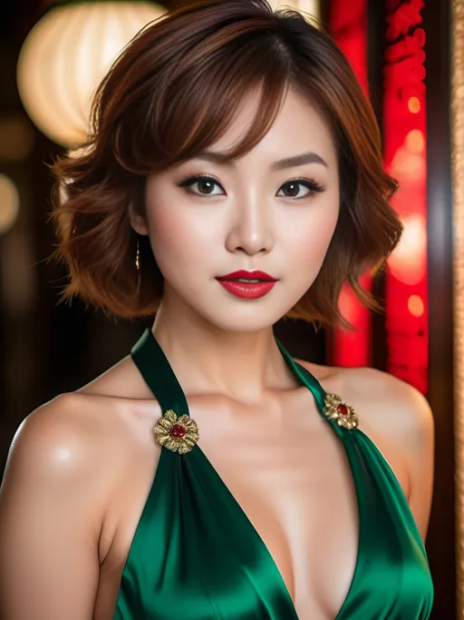 Prompt: High-resolution advertisement-style ((Head to waist shot)) of a stunning young Japanese woman, 8K, detailed short auburn hair, captivating upturned jade green eyes, petite nose, pronounced cheekbones, oval-shaped face, subtle makeup, bright ruby red lips, elegant white low-cut minidress, bosomy physique, intricate detail, advertising style, professional lighting, high quality, detailed eyes, professional, stylish