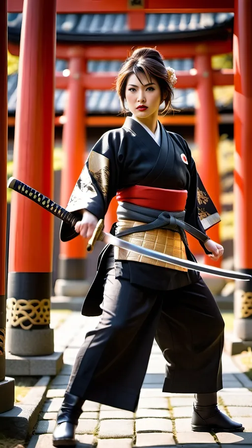 Prompt: Japanese warrior woman holding a katana in a two-handed fighting stance, ready for battle, intricate face, short brown hair, dark makeup, red lipstick, dressed in black kimono, black trousers, and black boots, gleaming damascus steel katana with an elaborate pattern and a golden hilt guard, standing in front of a Torii Gate, sunlight, high-res, 8k, photo, warrior, traditional, detailed, intricate, fierce, confident, historical, elegant, black attire, traditional Japanese setting, gleaming sword, sunlight filtering through gate, stoic expression, professional lighting