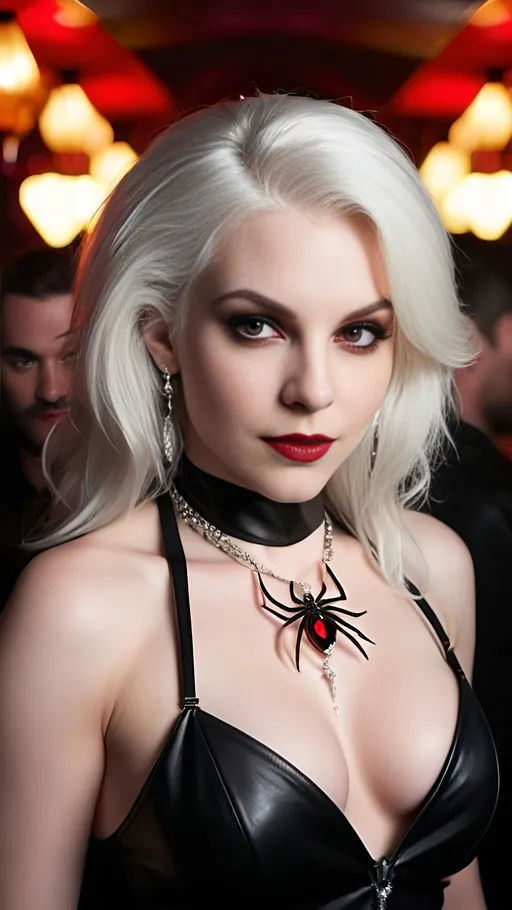 Prompt: Beautiful female vampire, pale white skin, flowing white hair, ((red eyes)), intricate diamond face, prominent cheekbones, intense gaze, sinister smile,  bosomy figure, ((silver spider pendant with large ruby jewel)), red lipstick, black tuxedo jacket, no blouse, white linen slacks & white leather boots, standing in a busy crowded nightclub, 8K photo, highres, detailed, gothic, vampiric, intense eyes, sleek design, professional, dramatic lighting