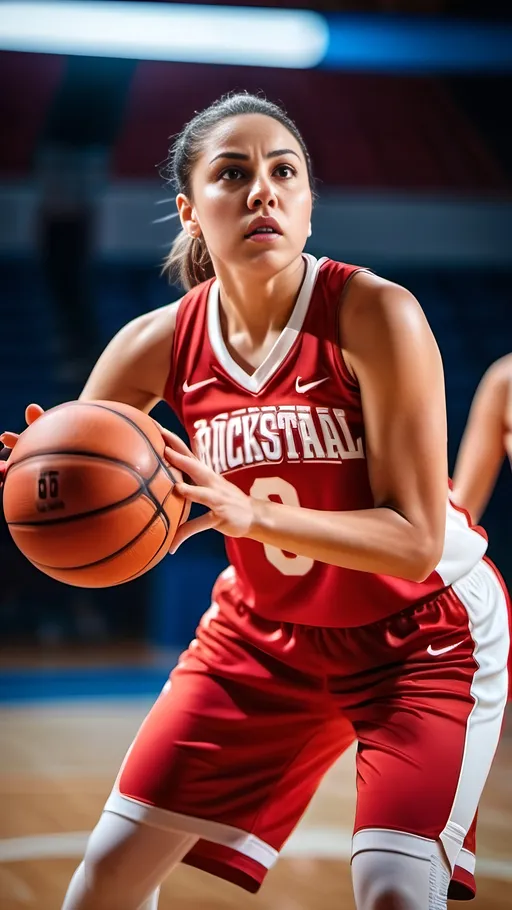 Prompt: Female basketball player shooting a free throw, red and white uniform, number 9 jersey, intense concentration, basketball in right hand, intricately detailed face, 8k photo, action shot, realistic, intense expression, dynamic pose, detailed muscles, professional sports photography, bright lighting, vibrant colors