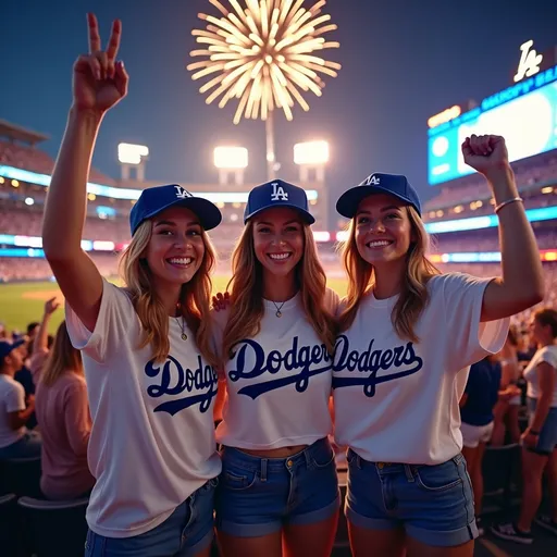 Prompt: photorealistic image of (happy) beautiful female Los Angeles Dodger fans, (detailed tees and shorts), (baseball caps), celebrating a playoff victory at Dodger Stadium, vibrant night scene, glowing stadium lights, excited expressions, fireworks above, (crowd atmosphere), cheers of joy, ultra-detailed, high quality 8K resolution, professional photography style.