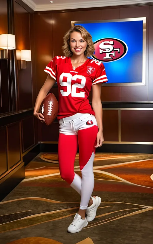 Prompt: Happy Arizona Muse holding a NFL football in a hotel lobby, ((wearing red San Francisco 49ers jersey, white denim shorts, red leggings and white sneakers)), buxom figure, intricate face:2.0, 8k photo, high detail, professional, modern, detailed facial features, professional lighting, vibrant colors, realistic rendering, intricate outfit details, sports fandom, enthusiastic energy