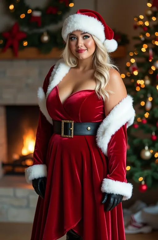 Prompt: photorealistic, (heartwarming) portrait of Beautiful Mrs. Santa Claus (age 40), wearing a (luxurious asymmetric cut red velvet Christmas cocktail dress with one bare shoulder), bias cut wrap with (fluffy white faux fur trim), (black leather belt & boots), Santa hat, captivating (ice blue eyes), (silky platinum blonde hair), displaying a (big smile), showcasing her (bosomy curvy plump physique), cozy living room with fireplace and decorated Christmas tree backdrop, (high detail & quality), (8K), (bright lighting), (professional photography).