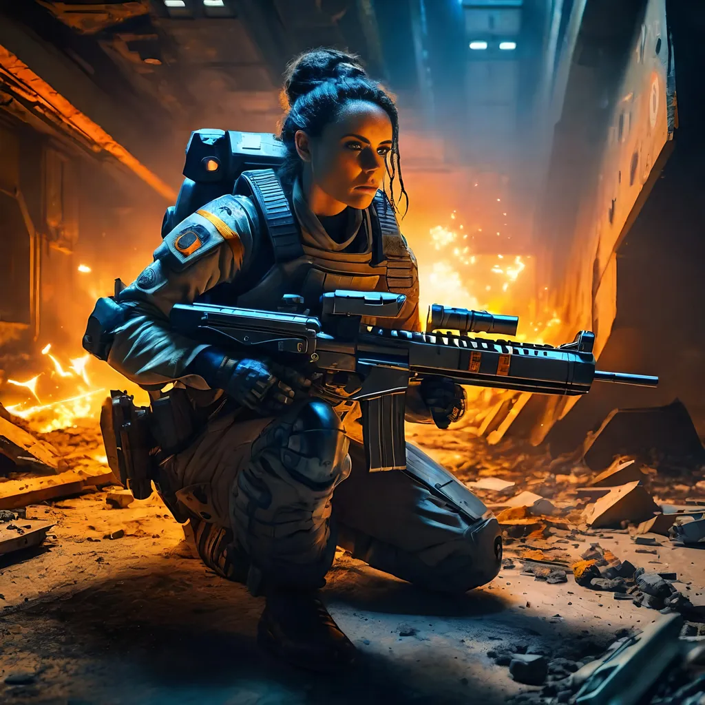 Prompt: Beautiful female officer with flowing dark hair crouching behind a robot tank in a shattered corridor, aiming a laser rifle, age 35, blue eyes, orange yellow gray uniform, smoke, debris, flames, broken ceiling lights, dead bodies, high detail, 8k, cinematic, sci-fi, military, intense gaze, futuristic, dramatic lighting