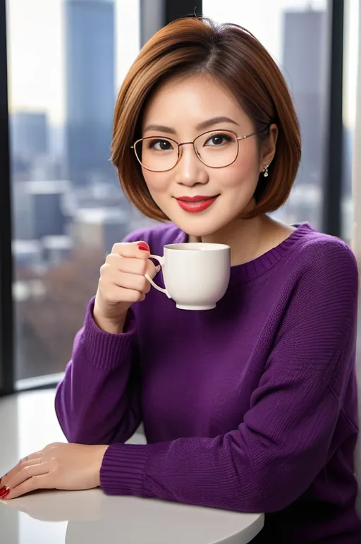 Prompt: Elegant sophisticated Japanese woman, Auburn bob, vibrant gray eyes, upturned nose, arched eyebrows, prominent cheekbones, beautiful diamond face, warm smile, wearing gold frame square shaped eyeglasses, holding a steaming white tea mug, perfect hands, red nail varnish, blue and purple sweater, sitting by a window, urban cityscape background, pro lighting, high-res, professional photo, modern, candid.