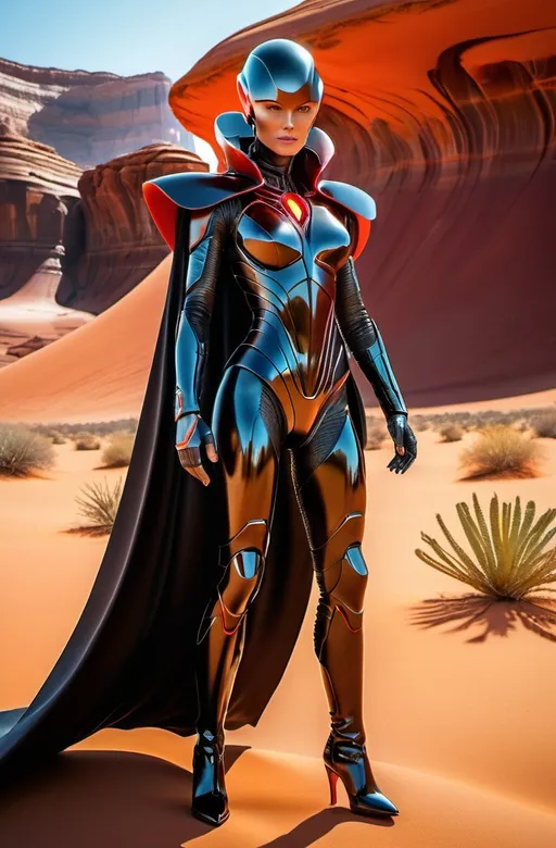 Prompt: Photorealistic,(Androgynous alien android), (detailed facial features), wearing a flowing (black cape and sleek boots), holding an intricate (Rube Goldberg style scanning device), standing on an otherworldly landscape, (vibrant red and orange sands), striking rocks, unique (alien plantlife), (cinematic atmosphere), natural skin texture, detailed fabric, realistic shadow detail, high-resolution, rich detail, granular soil and rock detail, (photorealistic) sci-fi masterpiece, engaging composition, dramatic lighting.