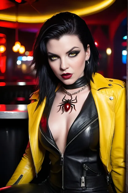 Prompt: Beautiful vampire woman, (age 21), pale white skin, short spiky red|black hair, vibrant yellow eyes, intricate angular face, prominent cheekbones, intense gaze, opulent, white leather jacket, no blouse, white leather slacks & boots, ((necklace with black widow spider ruby pendant)), red lipstick, sitting on a barstool in a busy crowded nightclub, 8K photo, highres, 3/4 view, detailed, gothic, vampiric, intense eyes, sleek design, professional, dramatic lighting