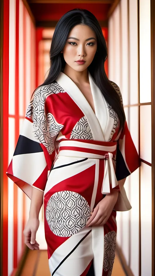 Prompt: Beautiful elegant, tall Japanese fashion model, long black hair, hazel eyes, short sleeveless red & white geometric print kimono dress, white boots, bosomy, curvy, ads-fashion editorial, high fashion, elegant, professional, glamorous, Japanese style, sleek design, detailed features, 8K photo, vibrant colors, luxury lighting