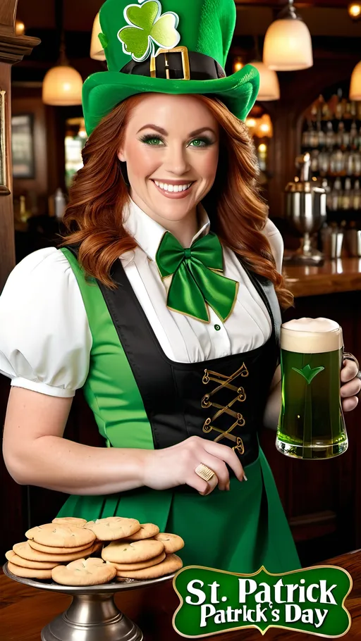 Prompt: 8K full page magazine ((advertisement with "St Patrick's Day" text printed over photo,)) Beautiful Auburn Hair waitress in Leprechaun  costume, buxom figure, green-eyed, smiling, intricate oval face, working in an Irish Pub, wood iron & brass decorations, carrying a tray with drinks, 8k photo, detailed, realistic, warm tones, professional, advertisement with "St Patrick's Day" text, shamrock decorations, st patricks day theme