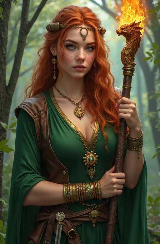 Prompt: (photorealistic) Beautiful Celtic Druid warrior princess, cinnamon hair, (green eyes) stunning face adorned with freckles, (intense gaze), wearing green robes layered with a leather vest, (brocade belt), adorned with a (gold amulet) and magical bracelets, (jeweled dagger on her belt), curvy figure, natural pale skin tone, wielding a knurled staff featuring a flaming runic headpiece, surrounded by a mystical forest backdrop, (high detail), (ultra HD), (8K) resolution, capturing the enchanting aura and strength of the character.