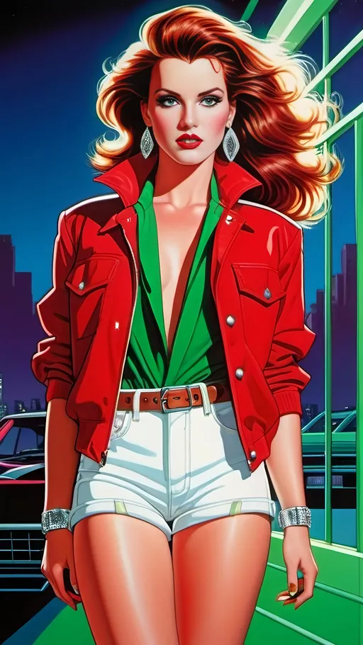Prompt: Chestnut-haired woman with green eyes, red jacket with sleeves rolled up, white denim shorts, red boots, detailed diamond face, Patrick Nagel style, highres, detailed eyes, professional, atmospheric lighting, fashionable, 80s retro, vibrant colors