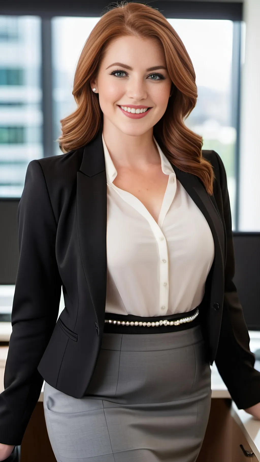 Prompt: 8k photo of smiling young woman, shoulder length auburn hair, fair skin, green-eyed, heart-shaped face, black waist jacket, white blouse, string of pearls, gray wool pencil skirt, full-figured, shapely legs, black heels, standing in an office in front of a desk, professional, detailed facial features, realistic buxom physique, high-res, realistic, natural lighting, business attire, elegant, sophisticated, warm tones