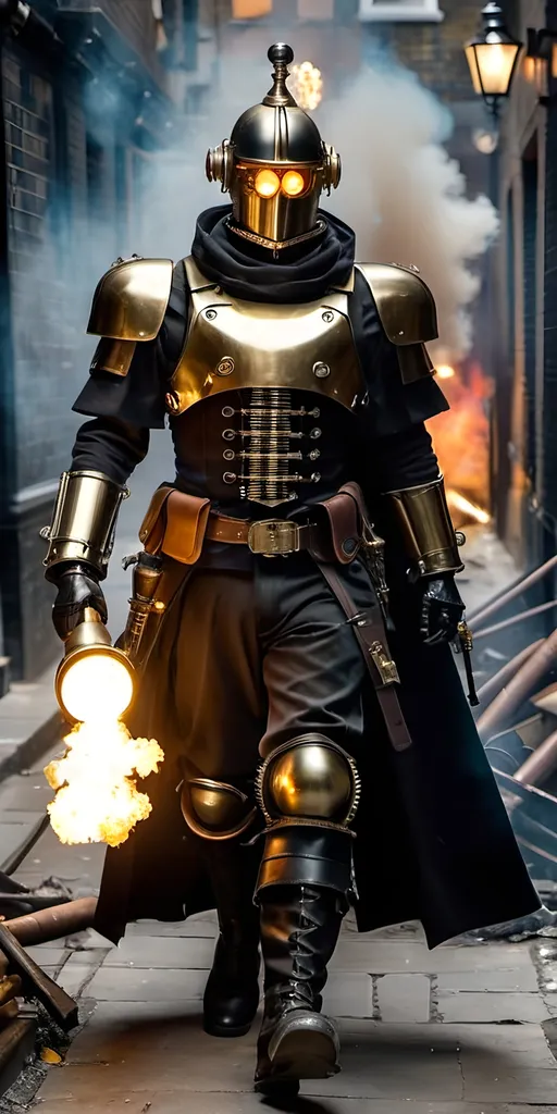 Prompt: Steampunk robot soldier, brass, glass, tubes, wires, clockwork gears, lights, pipes, leather, carrying a Rube Goldberg rifle with six barrels, flowing black cape, black leather boots, walking through a London alley filled with rubble wreckage smoke and fires, retro sci-fi, military, battle, cinematic, 8K, intricate details, highly detailed backdrop, daylight.