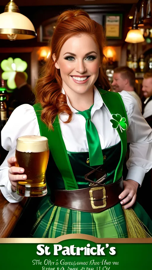 Prompt: 8K full page magazine ((advertisement with "St Patrick's Day" text printed over photo,)) Beautiful Auburn Hair waitress in Leprechaun  costume, buxom figure, green-eyed, smiling, intricate oval face, working in an Irish Pub, wood iron & brass decorations, carrying a tray with drinks, 8k photo, detailed, realistic, warm tones, professional, advertisement with "St Patrick's Day" text