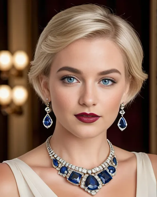 Prompt: Beautiful model, short white-blonde hair, dark eyebrows, vibrant blue eyes, intricate square face, upturned nose, cupid's bow mouth, maroon lipstick, rosy complexion, diamond pendant earrings, elaborate diamond & sapphire necklace & pendant, apricot silk jewel-neck blouse, high-res, professional portrait, warm lighting, jewelry advertisement, detailed jewelry, highly detailed facial features