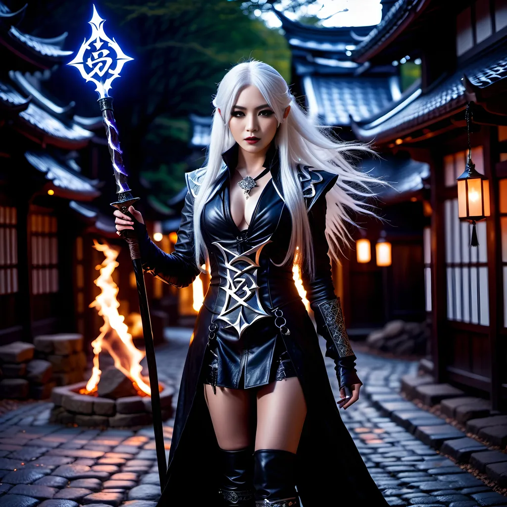 Prompt: 8K photo, cinematic, dark gothic horror, Beautiful Japanese female Shadow Mage, flowing white hair, dark makeup, read leather vest with silver runic markings, intricate face, black leather duster and boots, holding a glowing staff with arcing bolts of plasma, nightscape, cobblestone lane, highly detailed