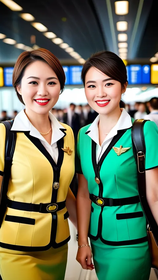 Prompt: Two happy Chinese flight attendants, beautiful triangle faces, short brown hair, hazel eyes, light green and gold uniform with insignia and wings, white blouse, black boots, small tote bag, walking in a crowded airport concourse, 8k photo, professional, detailed faces, vibrant colors, realistic, bustling atmosphere, cheerful lighting