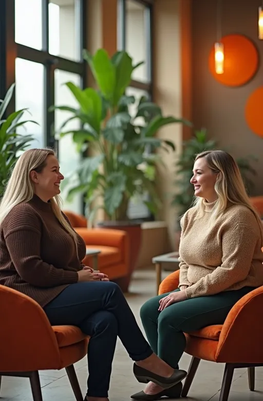 Prompt: Photorealistic tight shot of a chic mid-century modern style office lobby, featuring luxurious details such as large potted plants, vibrant wall sculptures, and stylish mid-century furniture. Featuring close-up focus on Several exceptionally beautiful overweight young Caucasian ladies with (bosomy buxom physiques) & (light colored hair), professional casual attire with cozy sweaters and tailored slacks sitting in the lobby conversing cordially, capturing the upbeat facial expressions exuding a warm ambiance. Soft, natural lighting enhances the inviting atmosphere. Ultra-detailed, showcasing textures and colors that harmonize with the elegant design, in richly detailed and high quality 8k photography.