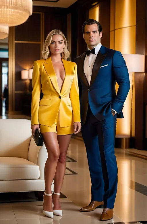 Prompt: photorealistic 8K cinematic image, (Henry Cavill) wearing a fashionable dark suit, standing in an elegant hotel lobby with (Margot Robbie) wearing a (yellow silk blouse), white twill shorts, white sandals, brightly lit, (ultra-detailed) interior with plush furnishings, vibrant atmosphere, high-quality textures and clarity, luxury ultra-chic James Bond style.