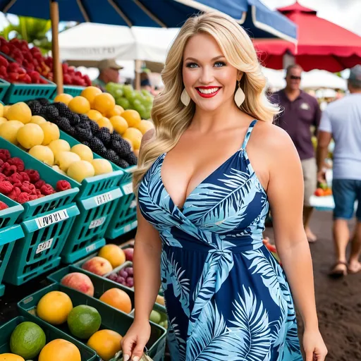 Prompt: Plump rubenesque, bosomy:2.0, buxom:2.0, blonde hair, diamond shape face, (jowly jawline double chin), ((upturned nose)), pale skin, ice blue eyes, beautiful woman, natural makeup, ruby lips, smile, red & navy color blocked sundress, tan sandals, intricate face, walking in a farmers market in hawaii, highly detailed, 8K photo, daylight.