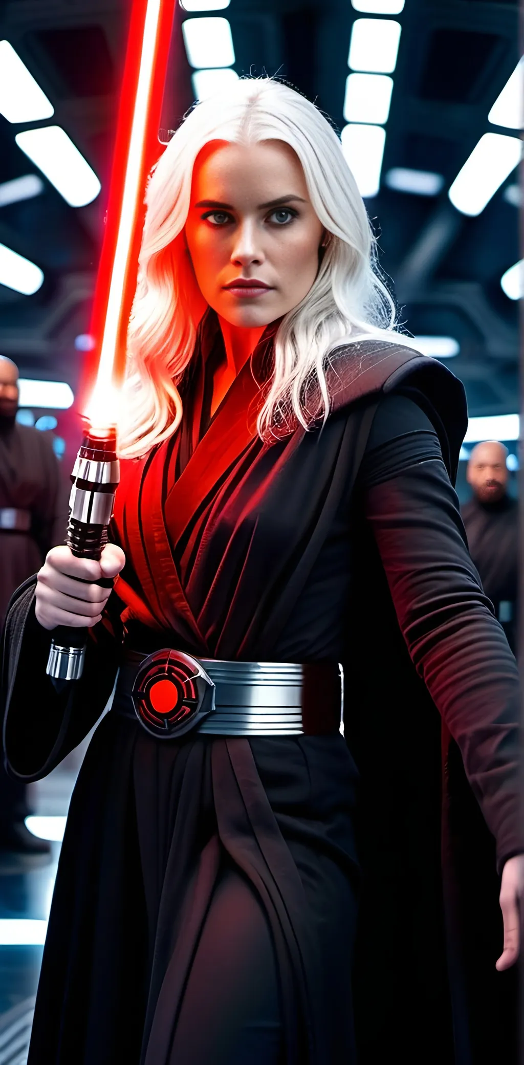 Prompt: Photo of an actress as a dark Jedi Knight (age 25) with long flowing white hair, red contact lenses, intricately beautiful face, dressed in black robes and slacks, black boots, and a utility belt with metallic tools, holding a glowing red lightsaber, standing ready for battle, elaborate space ship film set, realistic, high-res photo, natural skin tone, professional, cinematic