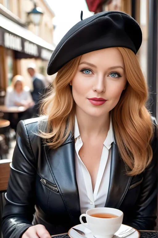 Prompt: Beautiful elegant woman sitting in a sidewalk cafe drinking tea, shoulder length strawberry blonde hair, blue eyes, black leather blazer white blouse black leather skirt, black boots, black beret, curvaceous bosomy figure, sophisticated setting, daylight, high-res, pro photo