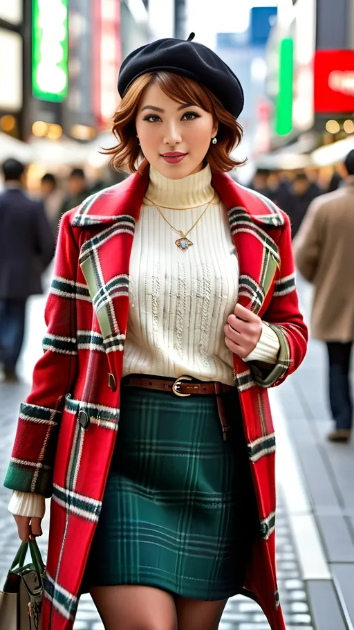 Prompt: Beautiful Japanese woman, short auburn hair, green eyes, intricate diamond face, upturned nose, natural makeup, curvy buxom, leggy, red plaid coat, white sweater, beret, brown tweed skirt, Prada boots, crowded Tokyo plaza, signs, merchants, urban cityscape, 8k photo, photorealism, intricate details, vibrant urban colors, natural lighting