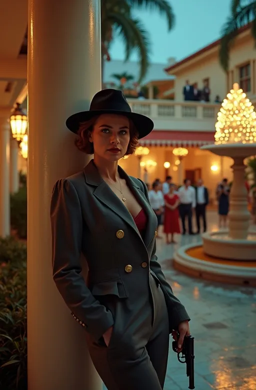 Prompt: Cinematic photo portrait, (famous American Detective Samantha Spade) standing next to a column, holding a small black revolver, gorgeous square face, chestnut hair, intense gaze, grand art deco hotel courtyard, crowded with people in casual tropical attire, large fountain, nautical-themed decor, potted palms, vibrant 1930s vintage vibe, elegant atmosphere, she wears a dark gray and maroon suit, black fedora, high detail, ultra-detailed, night scene, muted lighting, dramatic shadows, 8k.