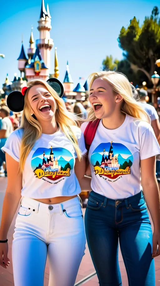 Prompt: Two beautiful blonde teenage girls laughing at Disneyland California, detailed 8k photo, casual attire, bustling crowd, Matterhorn in the background, joyful expressions, sunny day, vibrant colors, realistic, high resolution, detailed jeans, white tees, casual sandals, happy atmosphere, teenage joy, fun-filled, outdoor, theme park, detailed background, lively, natural lighting