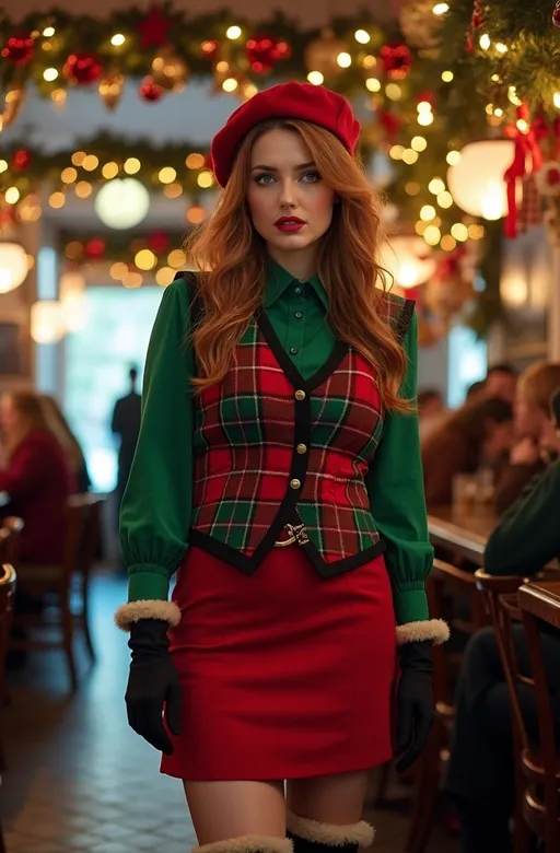 Prompt: Tall (Beautiful plus-size fashion model with green eyes & cinnamon hair), stylish (red & green plaid) tartan vest with shearling trim, (short red & black pencil skirt and beret), vibrant green blouse, fashionable suede boots (with fur trim), emphasizing her (curvy bosomy physique), standing in a crowded Pub elaborately adorned with extensive (festive decorations & holiday lights), bright lighting, mood: happy & joyful, (cheerful holiday spirit), (highly detailed), reminiscent of a 1980s vintage Christmas postcard, (8K), (photorealistic), (professional quality photo).