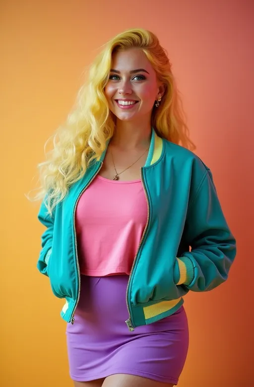 Prompt: (Patrick Nagel style photo) 80s yellow-blonde haired woman, sparkling blue eyes, long wavy hair, angular face, wearing a teal bomber jacket, fuchsia tee, purple miniskirt, curvy figure, (pastel backdrop), bright light, cheerful ambiance, ultra-realistic, high detail & quality, (professional photography), vibrant colors, 8K resolution, dynamic composition, nostalgic vibe, playful and lively atmosphere.