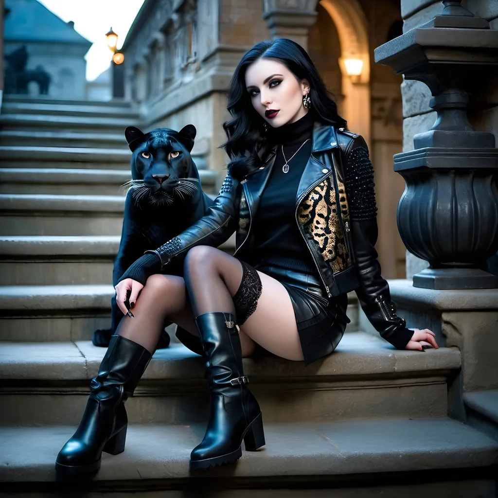 Prompt: Beautiful woman with black hair and pale skin sitting on an exterior stone staircase, accompanied by a black leopard, wearing all black ensemble (knit sweater, hosiery, leather jacket, miniskirt, gogo boots), intricate facial features, high detail, 8K photo, realistic, gothic style, dramatic lighting, detailed textures, intense gaze, city night setting, mysterious atmosphere