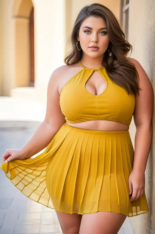 Prompt: Sultry, curvaceous, olive-skin young woman, with long brunette hair and green eyes, chubby round face, dressed in sheer yellow minidress with midriff cutout and pleated skirt, in a comely profile pose showcasing long thick legs and big bottom, wearing white sandals, high-res, professional photo, high quality