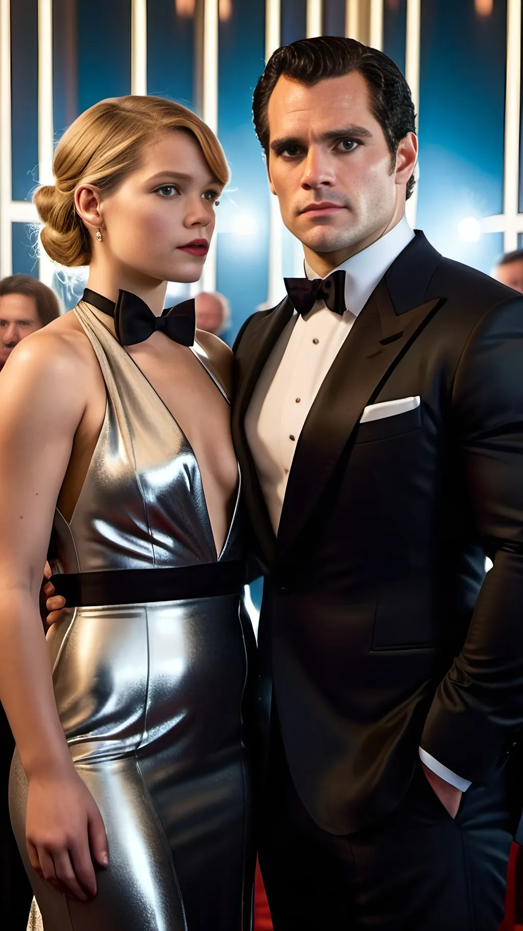 Prompt: 8k photo, Henry Cavill in black dinner jacket and bow tie, Lea Seydoux in silver lame formal dress, cinematic, elegant casino entrance, James Bond style, sophisticated lighting, detailed facial features, high quality, cinematic, elegant, detailed attire, professional lighting