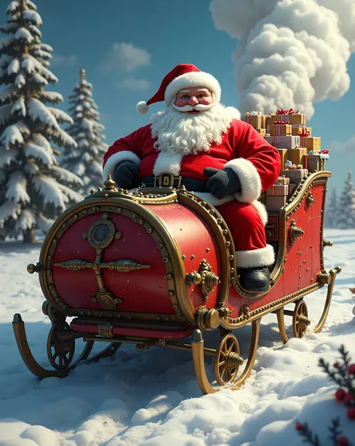 Prompt: Photorealistic (Corpulently obese Santa Claus) riding his brightly colored (steampunk sleigh), large boiler with clouds of steam rising, (brass accents), adorned in red and white, bursting with (wrapped Christmas packages), whimsical holiday atmosphere, cozy, humorous scene, playful and vibrant, postcard-style photo, enchanting details and decorations, vivid contrast, (8K resolution), (high-detail quality), capturing a joyful and festive spirit, enchanting winter landscape in the background.