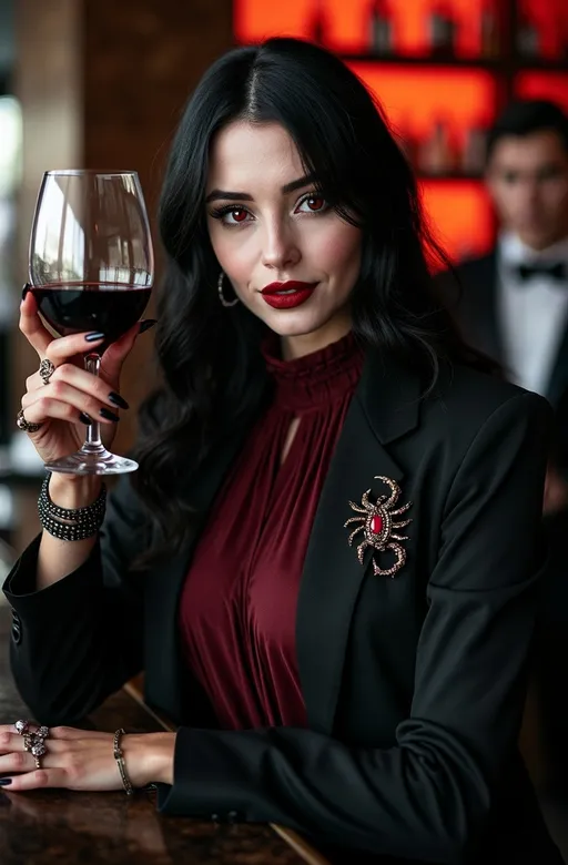 Prompt: A (strikingly beautiful *vampire* woman), jet black hair, (vibrant red eyes), (prominent white fangs), sitting at a luxe lounge bar, (chalk white skin), (exotic features), (long black talon-like finger nails), wearing a (maroon high-necked blouse) and (black blazer), adorned with a jeweled scorpion lapel pin, elegantly holding a glass of (dark red wine), black bracelets with ruby gems, featuring a tuxedo clad bartender in the background, capturing rich ambiance with an air of danger & tension, (high detail), (soft light), (photorealistic), 8k resolution, sophisticated gothic atmosphere, pro cinematic photo quality, luxurious setting.