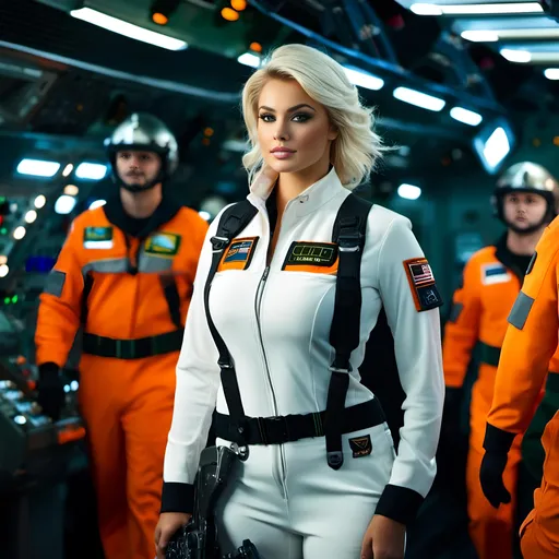 Prompt: Cinematic, sci-fi, military, 8K photo, <mymodel> Beautiful female pilot, orange white tunic & black trousers uniform, black boots, holding silver helmet, white hair green eyes, perfect face, standing in foreground, crowded hanger deck, busy crewmen, sleek space ships, heavy equipment, colorful, highly detailed, bright light.