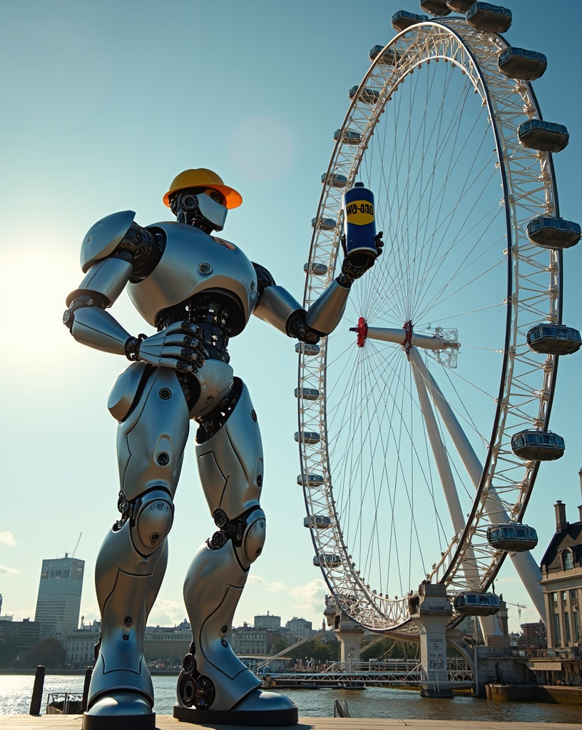 Prompt: Photo of a giant humanoid robot lubricating the central hub of the London Eye with a huge  can of WD-40, robot is taller than the Eye and wears a yellow hard hat, whimsical humorous depiction, beautiful sunny summer day, high detail & quality, 8k cinematic professional photo.