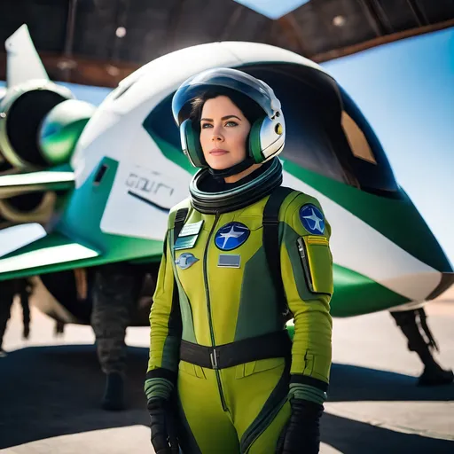 Prompt: female pilot stands in front of a futuristic space craft, wearing green yellow and black flight suit with silver boots, star patrol insignia on shoulders, holding a white space helmet in her hands, pale skin, blue eyes, flowing black hair, perfect face, sci-fi, cinematic, military, highly detailed backdrop, 8K photo, daylight