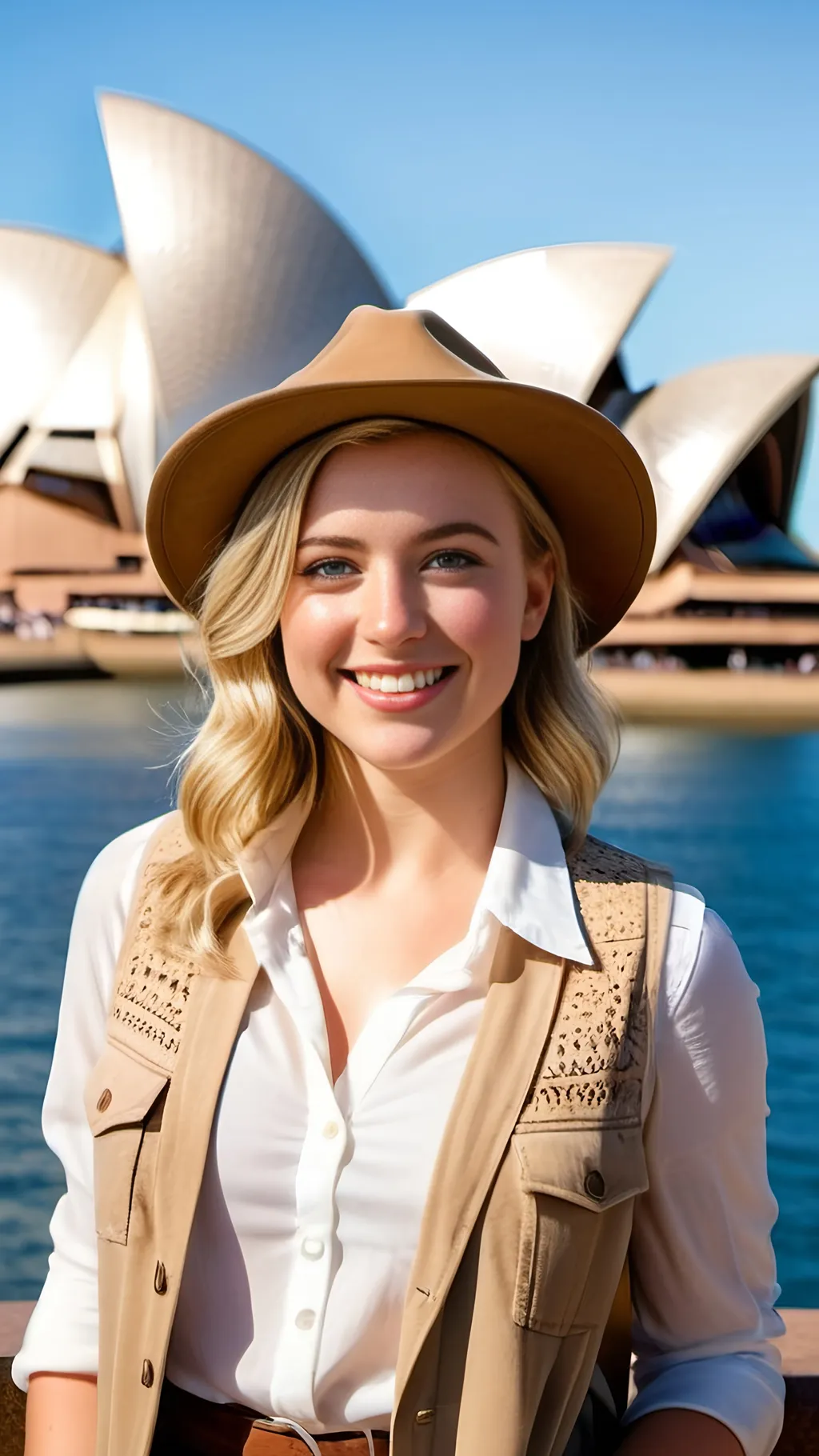 Prompt: Beautiful fair skinned blonde woman, 25 years old, stylish hair, blue-eyed, intricate heart face, natural makeup, smiling, ample figure, khaki vest, white blouse, brown pants, brown boots, boonie hat, crowded plaza, Sydney Opera House background, summer scene, detailed features, 8k photo, natural lighting, professional photography