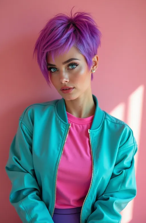 Prompt: (Patrick Nagel style photo) 80s magenta-purple haired woman, sparkling blue eyes, short pixie hair, angular face, wearing a teal bomber jacket, fuchsia tee, purple miniskirt, curvy figure, (pastel backdrop), bright light, cheerful ambiance, ultra-realistic, high detail & quality, (professional photography), vibrant colors, 8K resolution, dynamic composition, nostalgic vibe, playful and lively atmosphere.